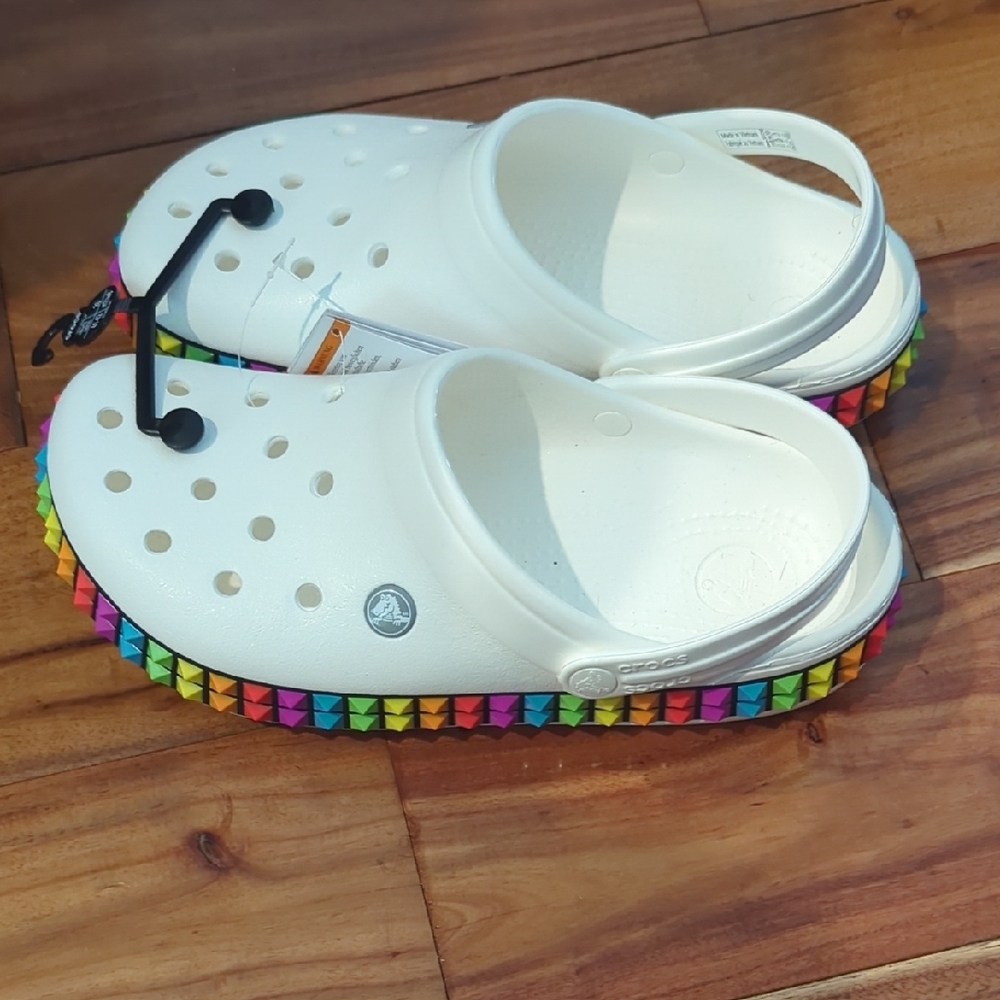 CROCS White Clog with Rainbow Studded Sole